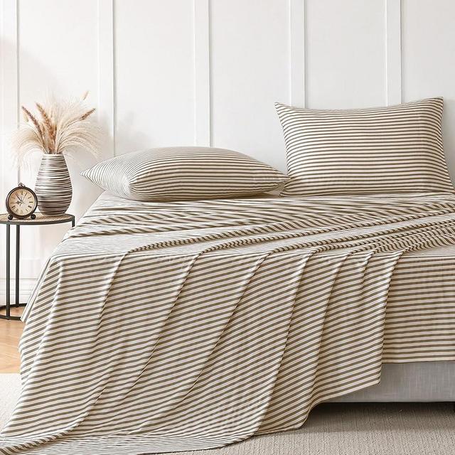 JELLYMONI Striped Sheets Set Queen Size, 4 Pieces 100% Cotton Bed Sheets - 16" Deep Pockets Fitted Flat Sheet & Pillowcase Bedding Set, Ultra-Soft, Machine Washable