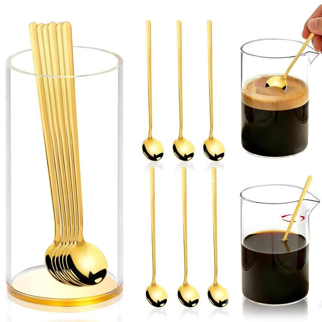 6 Pcs 6.7 Inches Coffee Spoons with Gold Base Holder Tea Spoons Long Handle Espresso Spoons Gold Coffee Stir Spoons Set Ice Tea Spoons Bulk Dessert Spoons Stainless Steel for Coffee Bar Tea party