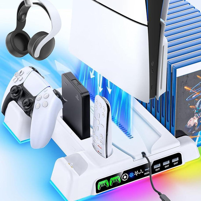 Cooling Stand for PS5/ Slim/Pro Disc & Digital Console, PS5 Cooling Station with Dual Controller Charging Station for PS 5 Console, 3-Level Cooling Fan for PlayStation 4 Faceplates, Protectors & Skins