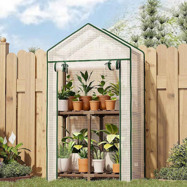 Bamworld Mini Greenhouse Indoor Outdoor 2-Tierd Reusable Portable Warm House with PE Cover Compact Garden and Backyards Portable Rack with Sturdy Eucalyptus Frame Winter-Proof for Plant Protection