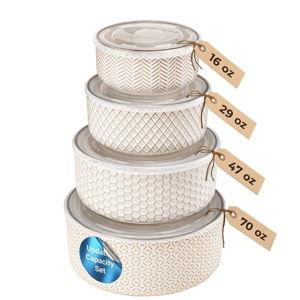 KooK Serving Bowls, with Lids, Ceramic Nesting Bowls, Set of 4, Embossed, Kitchen, Prep, Stackable, Gift, Microwave and Dishwasher Safe, 16/29/47/70 oz, Narbonne Collection (Ivory)