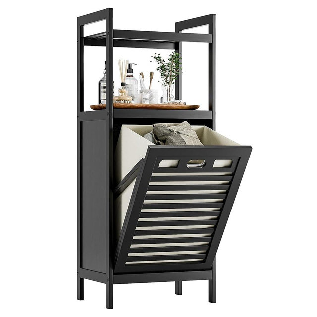 HITNET Tilt Out Laundry Hamper, Bamboo Bathroom Cabinet with Pull Out Removable Bag and 2 Tier Storage Shelves, 8.5 Gallon Clothes Basket with Metal Handle, Black