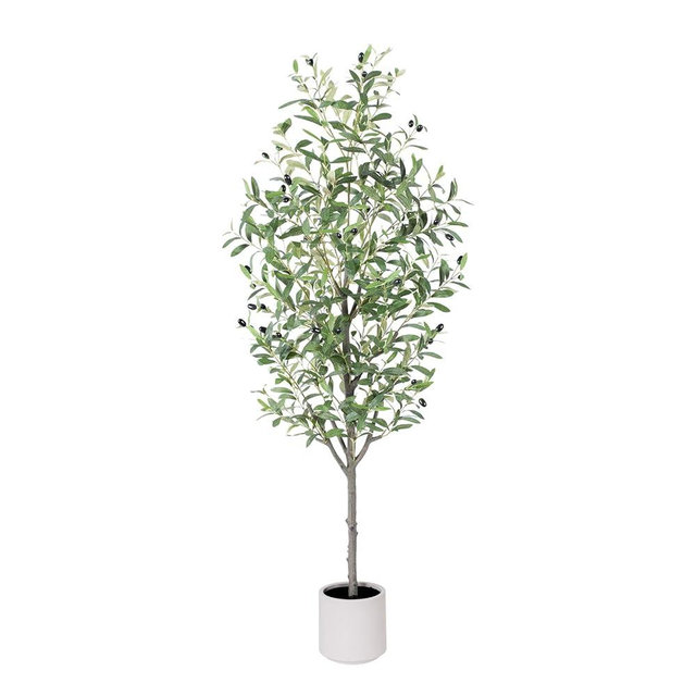 Olive Tree Artificial Indoor, 5ft Tall Silk Faux Olive Tree with White Planter, Artificial Plants with Natural Wood Trunk and Lifelike Fruits for Home Office Decor