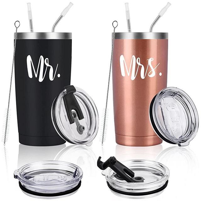 Mr and Mrs Tumbler Set of 2, Gifts for Newlyweds Couples Wife Bride To Be Newly Engaged Bridal Shower Wedding Engagement, 20 oz Stainless Steel Insulated Travel Tumbler with Lids, Black & Rose Gold