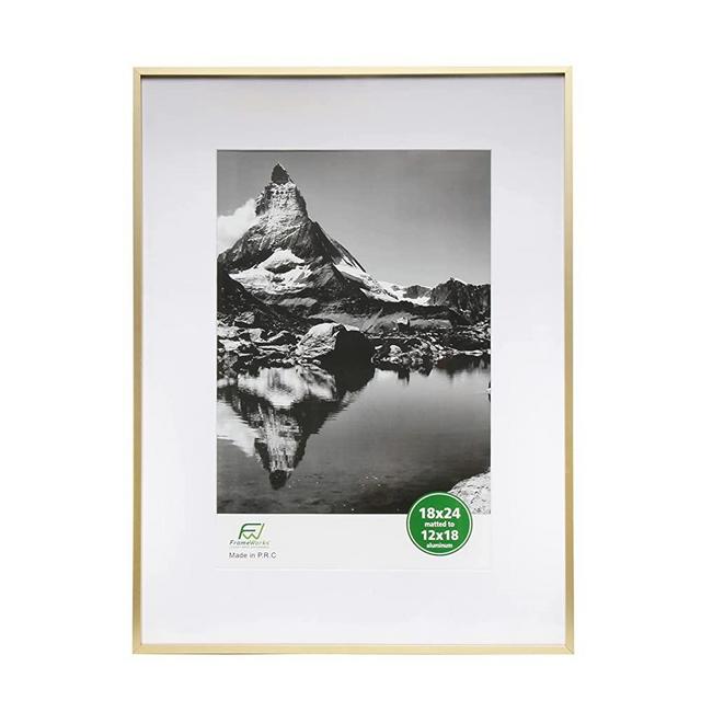 FrameWorks 18”x24” Matted to 12”x18” – Deluxe Brass Gold Aluminum Contemporary Picture Frame with Tempered Glass and Removable Mat