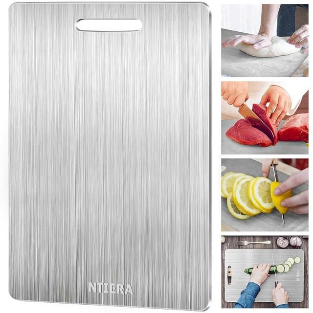 Stainless Steel Cutting Board - Titanium Cutting Boards for kitchen,Double-Sided Food Grade Non Toxic Cutting Board,Chopping Boards Necessities for Home Outdoor Camping Meal Prep,Easy to Clean（Large)