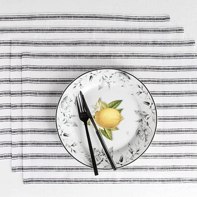 Solino Home Linen Stripe Placemats – 14 x 19 Inch, Set of 4 Black and White, European Flax 100% Pure Linen Capri Ticking Stripe Placemats – Handcrafted