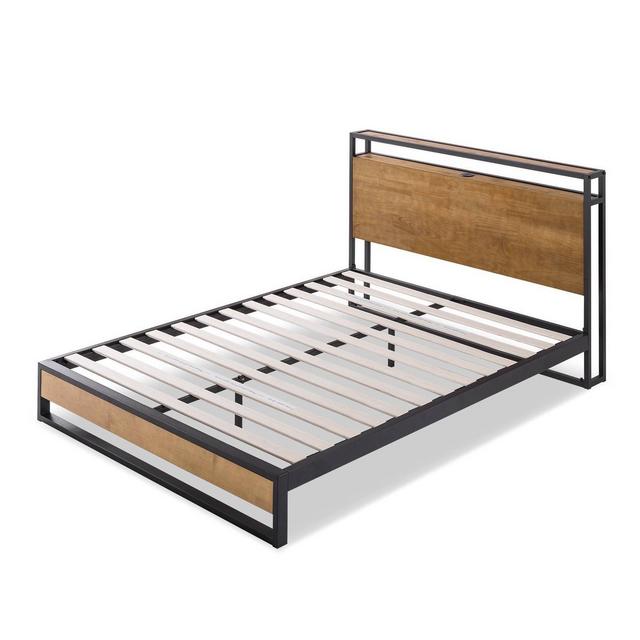 King Suzanne Metal and Wood Platform Bed Frame with Headboard Shelf Brown - Zinus