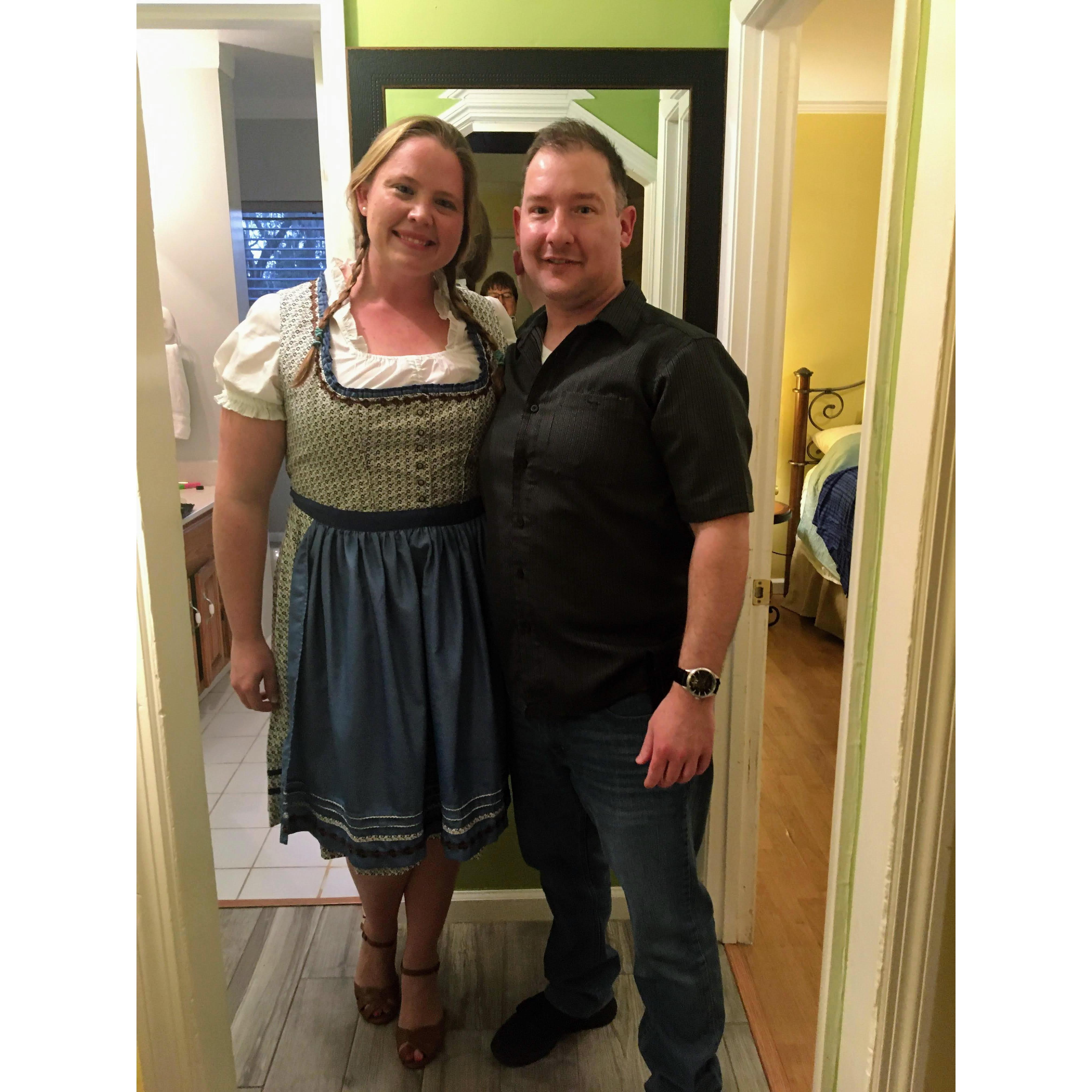 Sarah surprising Steven in a German dirndl before our birthday celebration at Hollerbach's!