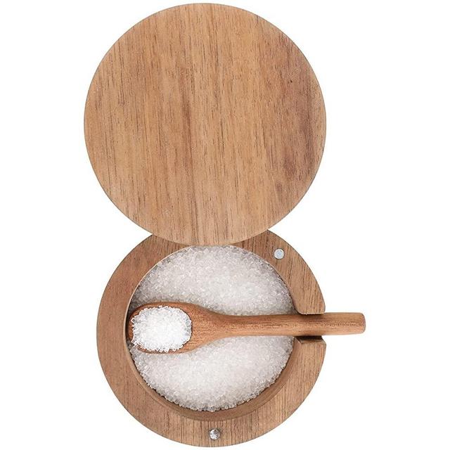 DGYLL Acacia Wood Salt Container with spoon Salt cellar Salt keeper Spice storage box Condiment pot Sugar bowl with spoon and swiveling lid Size: 3.5DIA x 2.5H inch (1pc no pattern /w spoon)