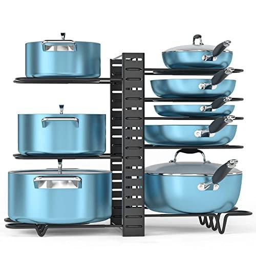 2021 Updated Pot and Pan Organizer for Cabinet Adjustable, ORDORA 8 Tier Pan Organizer Rack for Cabinet with 3 DIY Methods, Pots and Pans Organizer Under Cabinet, 5.0mm Heavy Duty Pot Rack Organizer