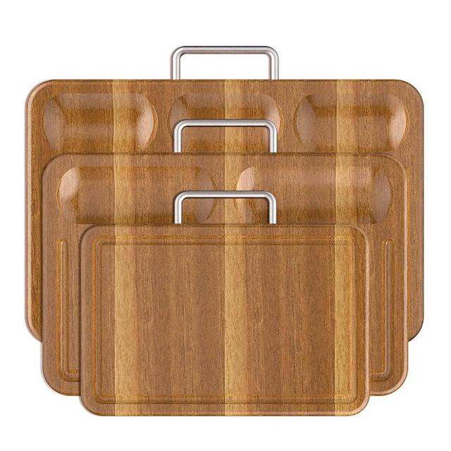 SHAN ZU Multipurpose Thick Acacia Wood Cutting Board Set of 3 Heavy Duty Chopping Board For Kitchen with Built-In Compartments And Deep Juice Grooves, Stainless Steel Handle Chopping Carving Board