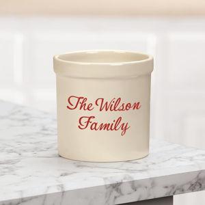 Personalized Stoneware Crock, 2-Quarts, Natural Finish, Customizable Utensil Holder Housewarming Gift, Red