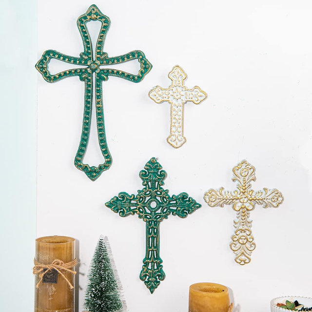 Sungmor Cast Iron Wall Crosses - Set of 4 Metal Hanging Crosses Wall Art Decor - Antique Wrought Iron Religious Cross Wall Hanging Plaque - Distressed White and Green Decorative Wall Cross