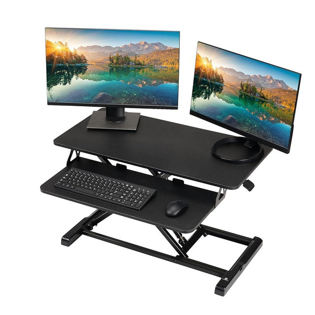 TechOrbits Standing Desk Converter - 32 Inch Adjustable Sit to Stand Up Desk Workstation, Particle Board, Dual Monitor Desk Riser with Keyboard Tray, Desktop Riser for Home Office Laptop, Black 32"