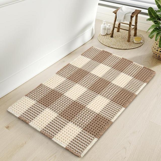 AMOAMI Waffle Bath Mat, Super Absorbent Non Slip Bath Mats for Bathroom Floor Patchwork Bathroom Mat-Bath Rugs with Tassels Machine Washable Bathroom Rugs Beside Tub, 17" x 24"
