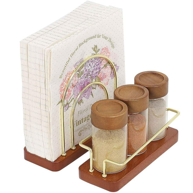 Qiannhee Gold Napkin Holder, Modern Metal Napkin Storage with Salt and Papper Shakers Caddy,Solid Wood Base Napkin Dispenser for Table Kitchen,Dining, Wedding, Party Decorative Use