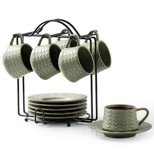 KOKUNKA Espresso Cups Set of 6, 4 oz Demitasse Cups with Saucer and Metal Stand Small Coffee Cup Set, Porcelain Cappuccino Cups for Latte, Cafe Mocha and Tea, Green