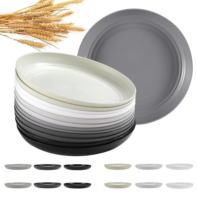 HEYCOME 12 Pcs Unbreakable Deep Dinner Plates Set, 10 inch Reusable Plastic Wheat Straw Plates, Microwave and Dishwasher Safe Plate for Kitchen, Lightweight Plate for Dessert, BPA Free, 6 Colors