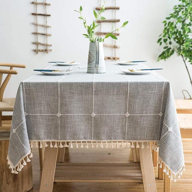 Oubonun Rustic Lattice Tablecloth Cotton Linen Grey Rectangle Table Cloths for Kitchen Dining, Party, Holiday, Christmas, Buffet, 55"x86"