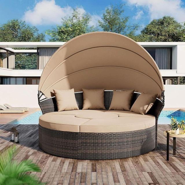 Patio Round Daybed with Canopy, Outdoor Wicker Rattan Sectional Sofa Set with Cushions, Patio Conversation Set for Porch, Pool (Brown)