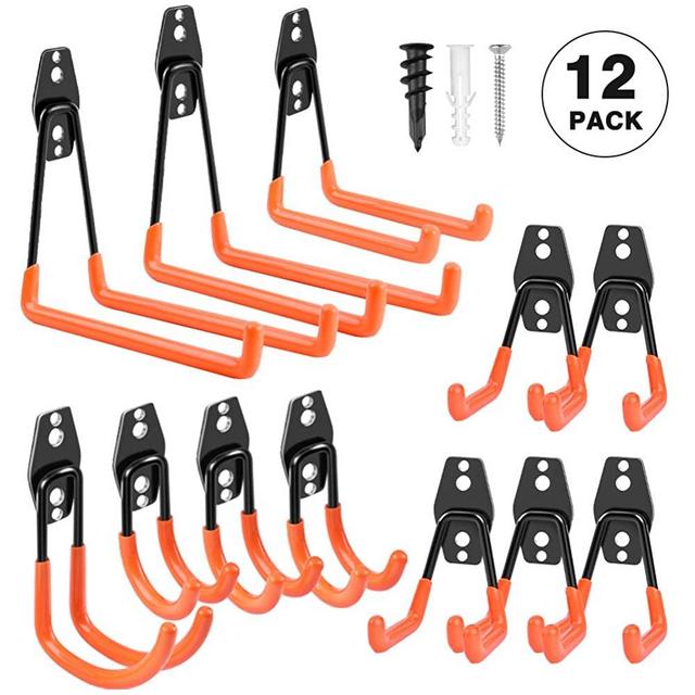 Garage Hooks Heavy Duty, Steel Garage Storage Hooks, Tool Hangers for Garage Wall Utility Wall Mount Garage Hooks and Hangers with Anti-slip Coating for Garden Tools, Ladders, Bulky Items (Pack of 12)
