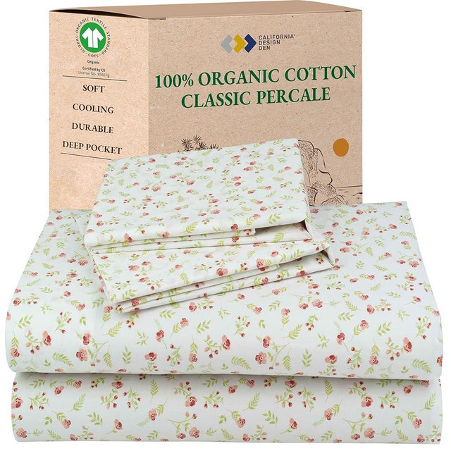 California Design Den Cal King Floral Sheet Set, 100% Organic Cotton Percale Sheets, Deep Pocket California King Sheets & Pillowcase Set - Floral