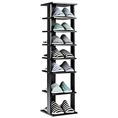 Tangkula Wooden Shoes Racks, Entryway Shoes Storage Stand, Modern 7 Tiers Shoe Rack Organizer, Space Saving Vertical Shoe Rack, Storage Shelf (Black, Single)