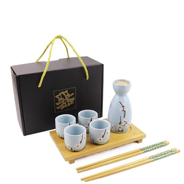 passionfans Sake Set With Warmer Pot Bamboo Tray Sake Storage Gift Box 5 Pieces Traditional Ceramic Japanese Gifts (Blue)