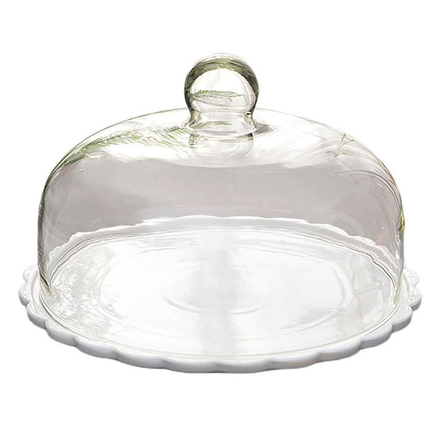 PRETYZOOM Ceramic Cake Stand with Lid Glass Dome Cake Cover 9 Inch Dessert Server Clear Cupcake Stand Food Serving Tray for Home Restaurant Party
