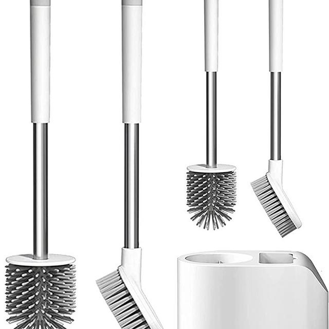 SimplyHome 2 Way Toilet Silicone Brush with Holder Bathroom Cleaning Accessories Bristle Bowl Cleaner Household Essentials Cleaners Supplies Brushes Decor Wand Modern Simple Handle Restroom (Set of 1)