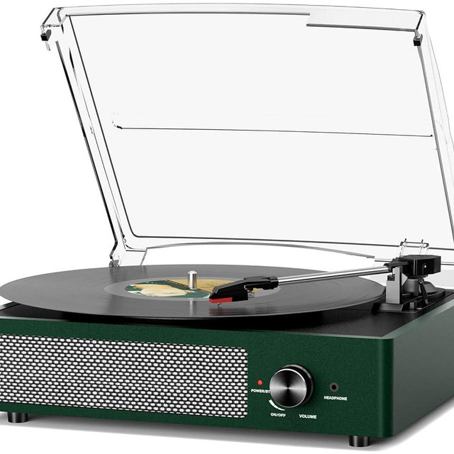 Record Player Bluetooth Turntable with Built-in Speakers & 3 Speed 3 Size Portable Retro Vinyl Record Player for Entertainment and Home Decoration Emerald Green