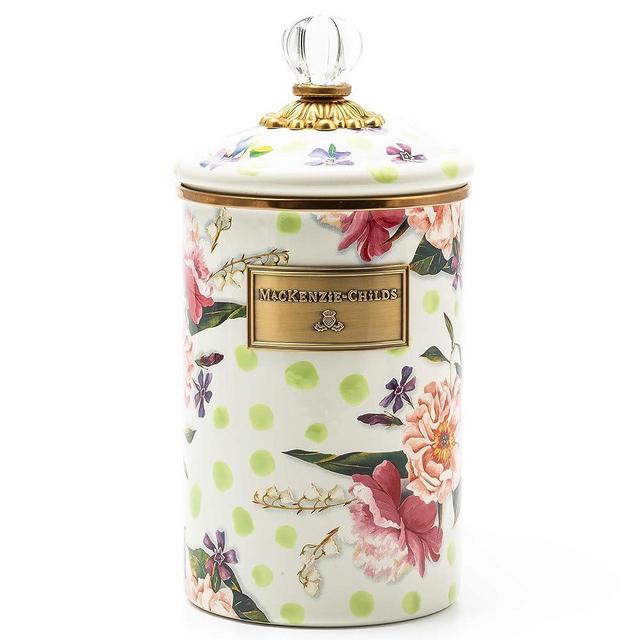 MACKENZIE-CHILDS Wildflowers Enamel Canister, Large Enamelware Storage Canister with Lid, Cute Cookie-Holder Tin, Green
