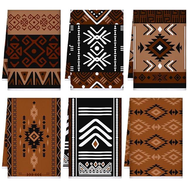 Bencailor Set of 6 Brown Geometric Ethnic Microfiber Kitchen Towels African Mudcloth Hand Towels Absorbent Tea Dish Towels for Home 15.75 x 23.62(Colorful, Classic Style)