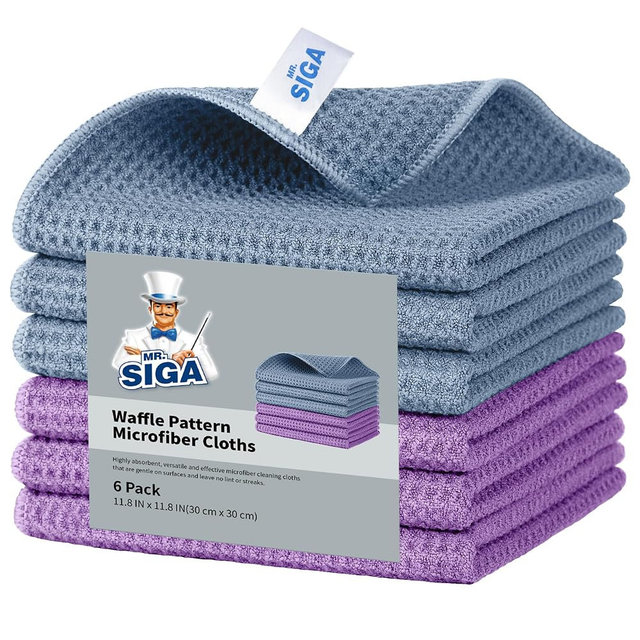 MR.SIGA Waffle Pattern Cleaning Cloths, Reusable Absorbent Microfiber Cleaning Cloths, Lint Free Microfiber Kitchen Towels, 6 Pack, Grayish Blue, 11.8 x 11.8 inch
