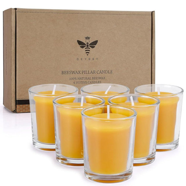 Pure Beeswax Votive Candles-6 Pack Natural Votives Set in Glass Jar for Home Room Decor Party Wedding Spa Gift,12 Hours Burn
