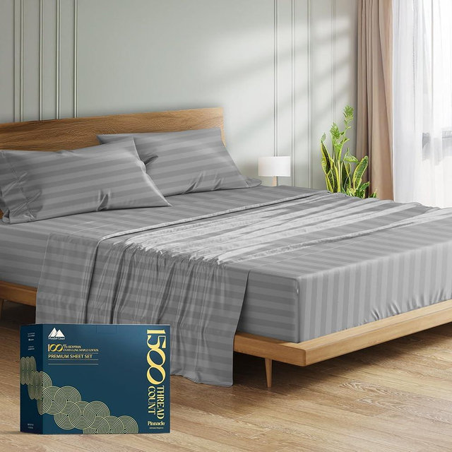 Mayfair Linen 100% Egyptian Cotton Sheets Queen Size - 1500 Thread Count 4 PC Damask Queen Sheet Set Egyptian Cotton, Sateen Weave Sheets, High Thread Count Sheet, 19" Deep Pocket - Dark Grey Stripe