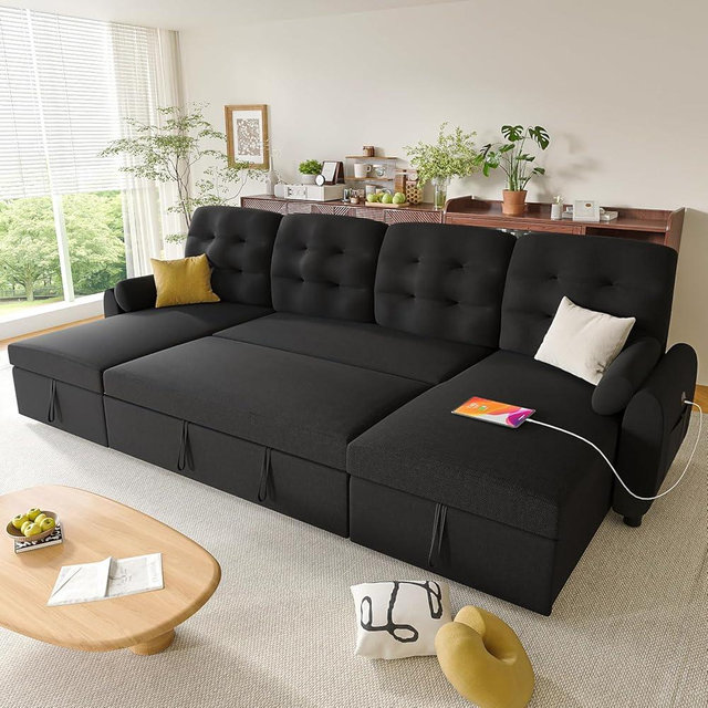 Ucloveria Sleeper Sofa Bed, 112" U-Shaped Sectional Sofa Couches for Living Room, Pull Out Couch Bed with Dual Reversible Storage Chaise | USB Ports | Side Pockets | Removable Backrest