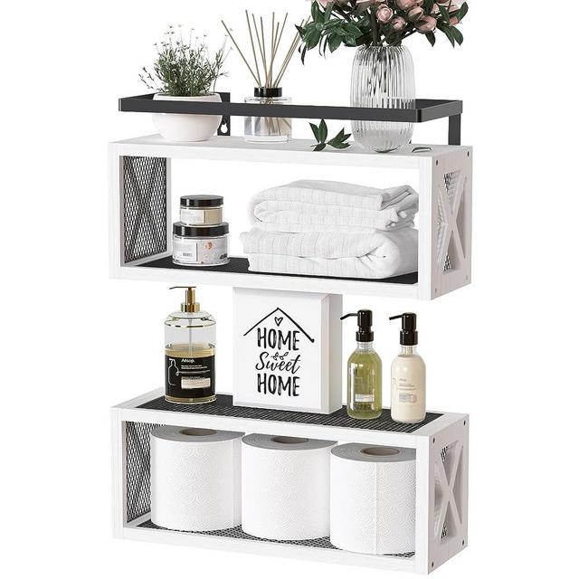 RICHER HOUSE Floating Shelves with Guardrail, Rustic Wood Shelves for Wall Décor, Farmhouse Bathroom Accessories Wall Mounted, Bathroom Wall Organizer over Toilet Storage, Kitchen, Living Room - White