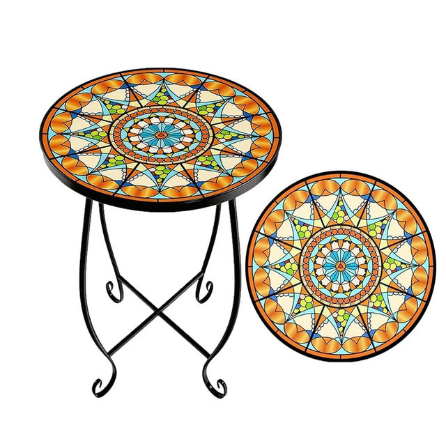 Kaesithar Mosaic Outdoor Side Table Round, 15 Inch Height - Small Patio Table, Foldable Sun Pattern Metal Plant Stand for Garden, Balcony, Porch & Camping