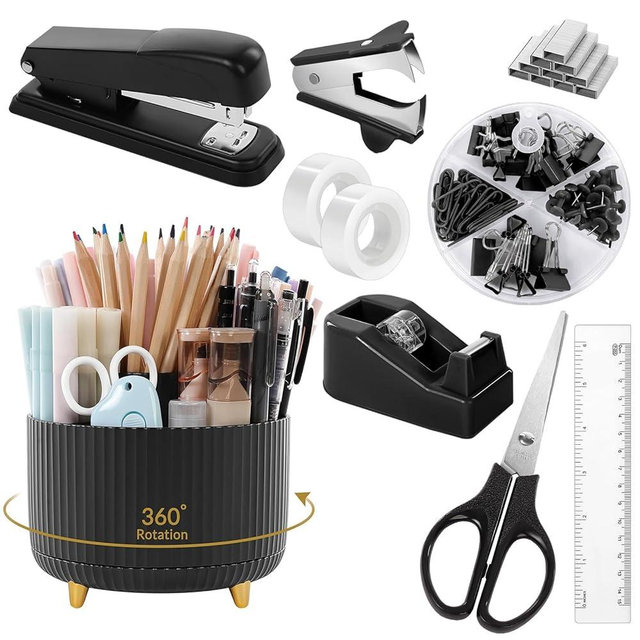 SKYDUE Black Office Supplies, Black Office Desk Accessories 10PCS, Pencil Holder for Desk, Stapler, Tape Dispenser, Scissors, Ruler, Clips and 1000pcs Staples, Desk Supplies Set