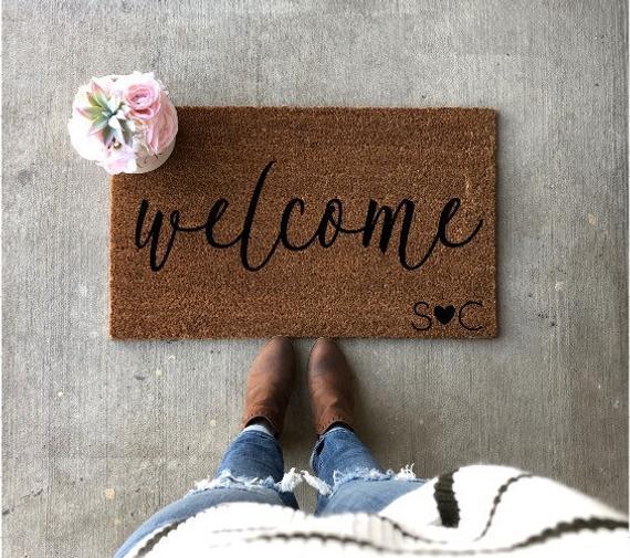 Welcome With Heart And Initials | Welcome Mat | Front Porch Decor | Cute Doormat | Doormat | Housewarming Gift | Wedding Gift Ideas
