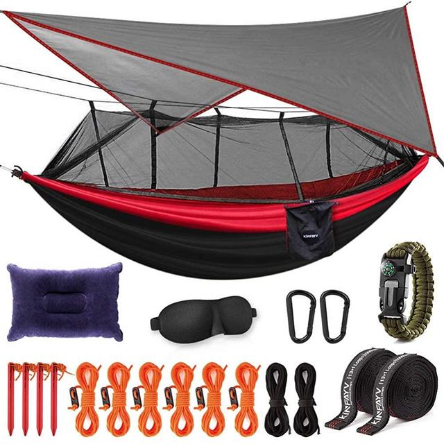 Kinfayv Camping Hammock with Net and Rain Fly - Portable Double Hammock with Bug Net and Tent Tarp Heavy Duty Tree Strap, Hammock Tent for Travel Camping Backpacking Hiking Outdoor Activities