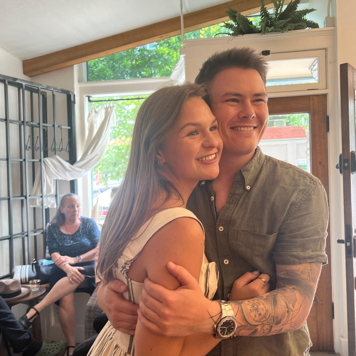 At the surprise engagement party Ian planned for right after the proposal!