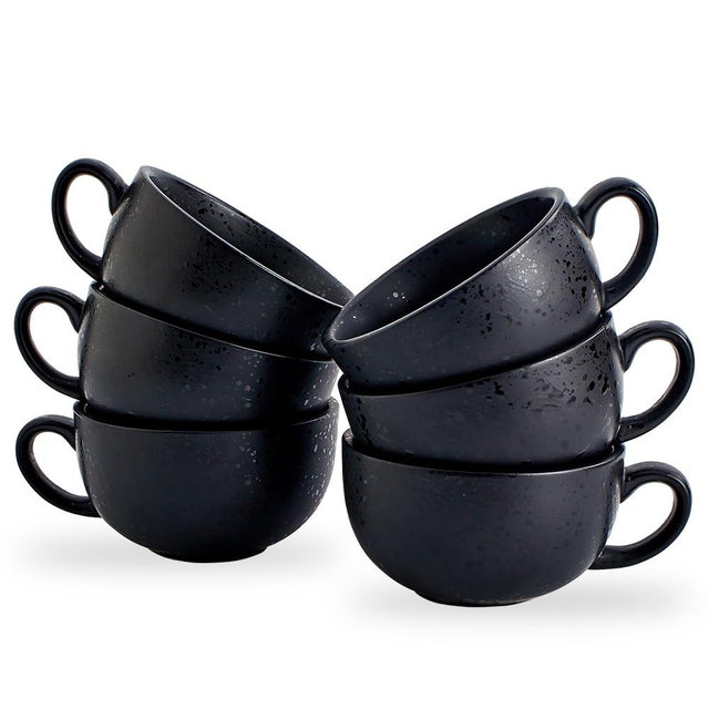 Coffeezone Set of 6 Vintage Design 12 oz Professional Barista Ceramic Latte Art Cappuccino Cups Set (Facular Black * 6)