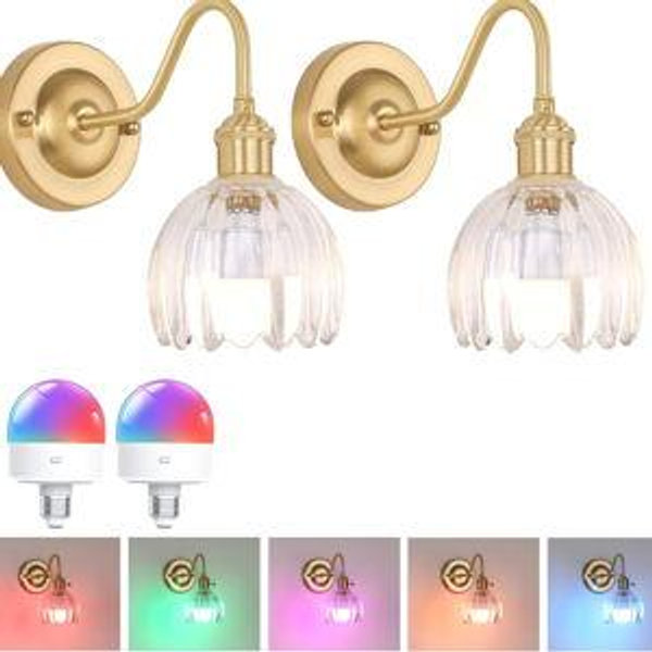 Vintage Battery Operated Wall Sconce Set of 2, 5000mAh Rechargeable Wall Light, Indoor Battery Powered Wall Lamp for Bedside Bedroom Living Room, Tulip Clear