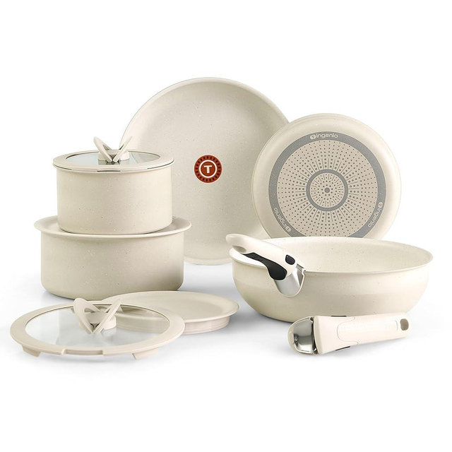 T-fal Ingenio Essentials Cookware Set with Detachable/Removable Handle 11 Piece, Granite Titanium Non Stick, Oven Broiler Safe 500F, Stackable, Pots and Pans Set, Frying Pans, Dishwasher Safe, Beige