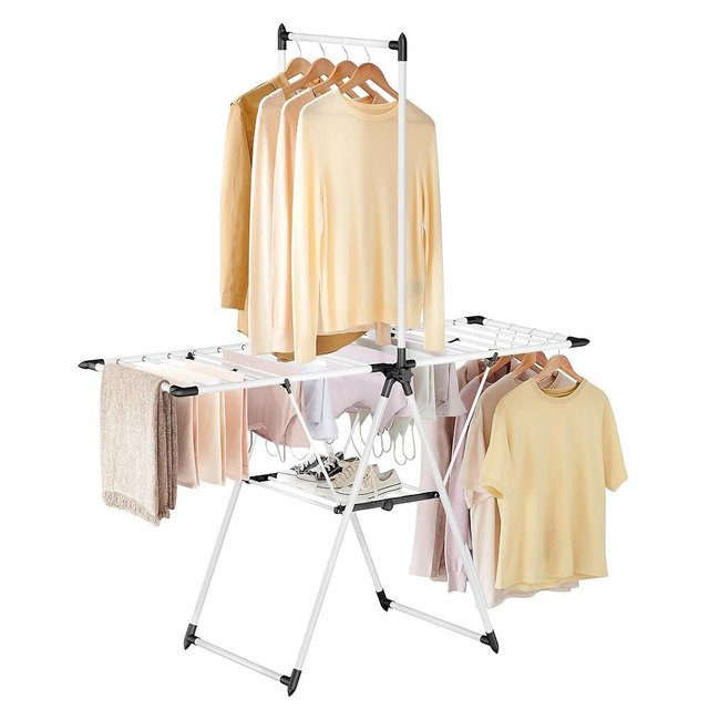 SONGMICS Clothes Drying Rack, Foldable 2-Level Laundry Drying Rack, Free-Standing Airer, 1 Additional Tall Hanging Bar, 2 Height-Adjustable Wings, 24 Drying Rails, Space Savng, Simply White ULLR521W01