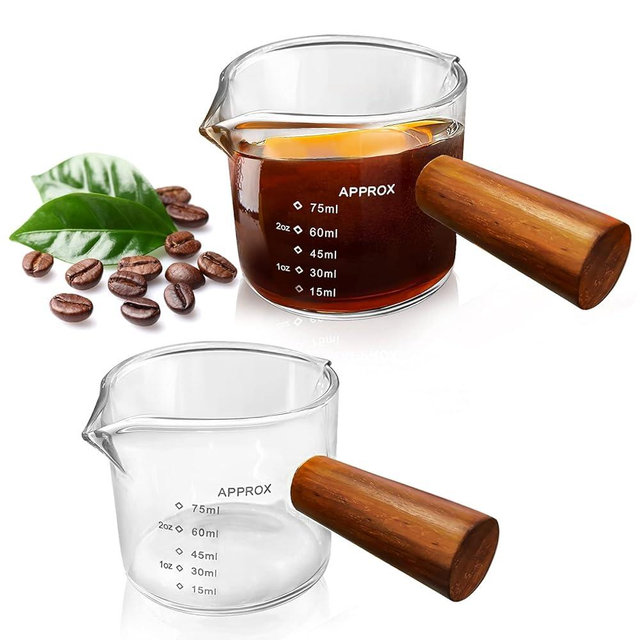 FOVERN1 2 Pack Double Spout Espresso Shot Glasses with Wooden Handle, 75ML Triple Pitcher Milk Measuring Cup - Heat-Resistant Clear Glass, Barista Tools for Coffee, Latte & Cocktails