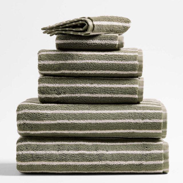 Organic Turkish Cotton Shadow Sage and Pampas Ivory Stripe Bath Towels, Set of 6